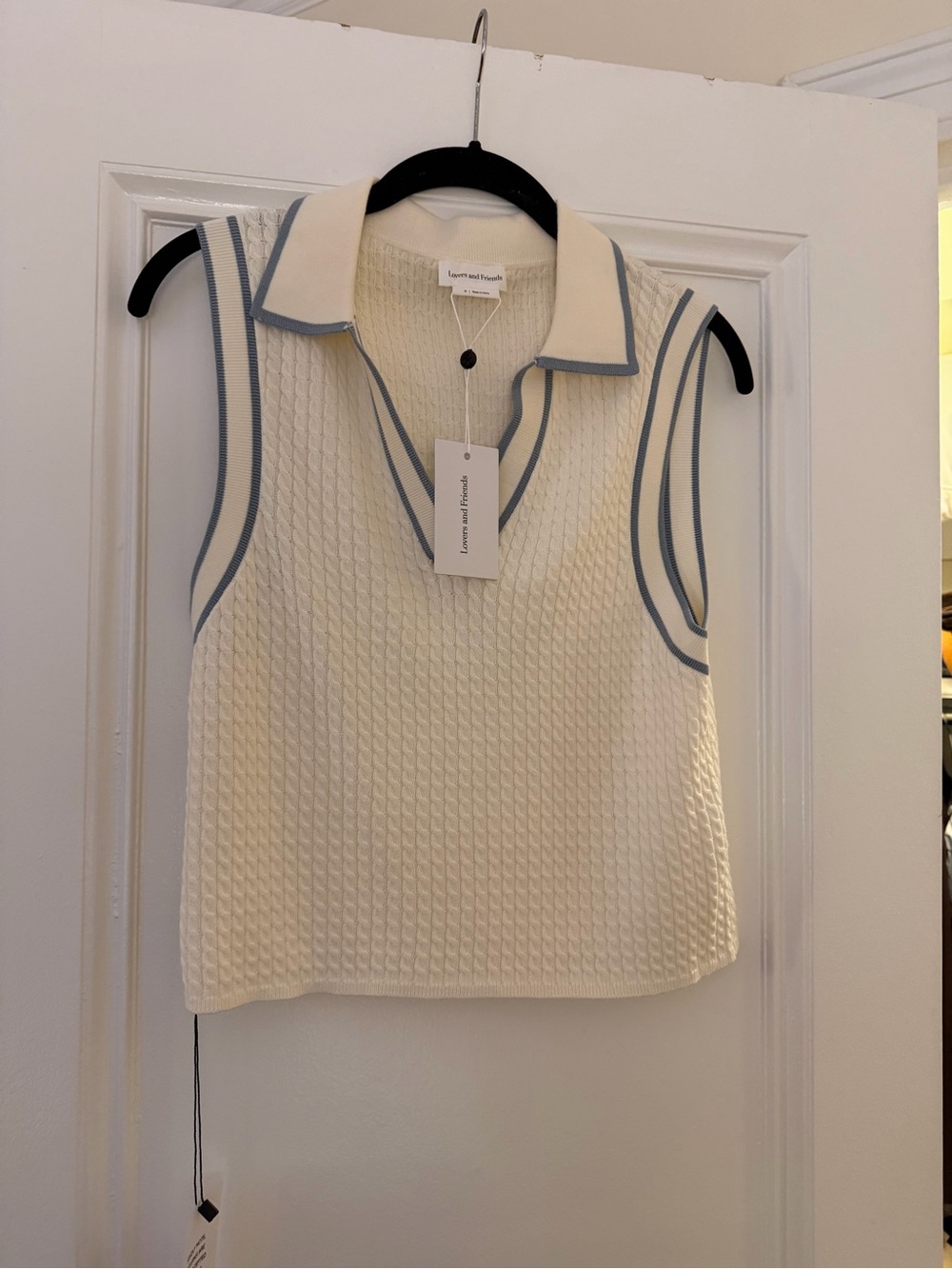 Lovers + Friends Cream Knit Polo Tank with Light Blue Trim NWT